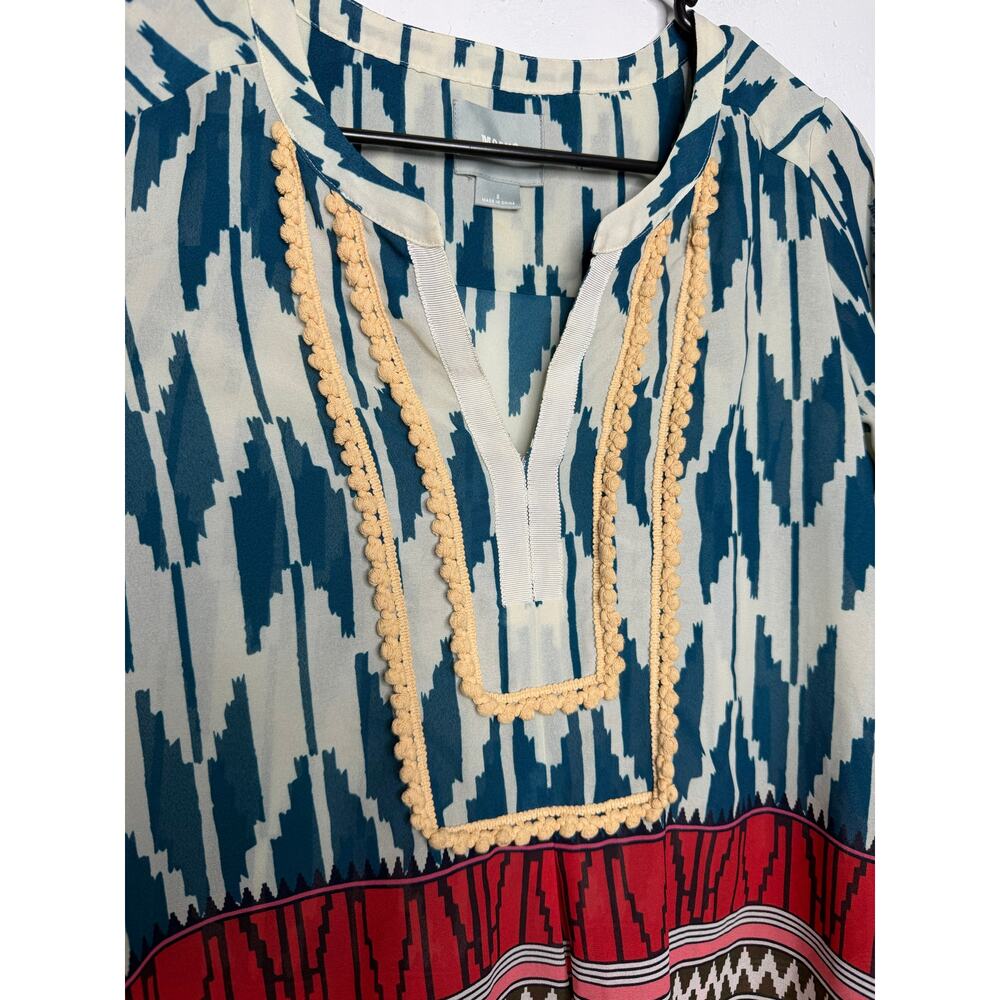 Maeve Anthropologie Women's Size 2 Long Sleeve V-Neck Ikat Aztec Print Blouse - Picture 4 of 6